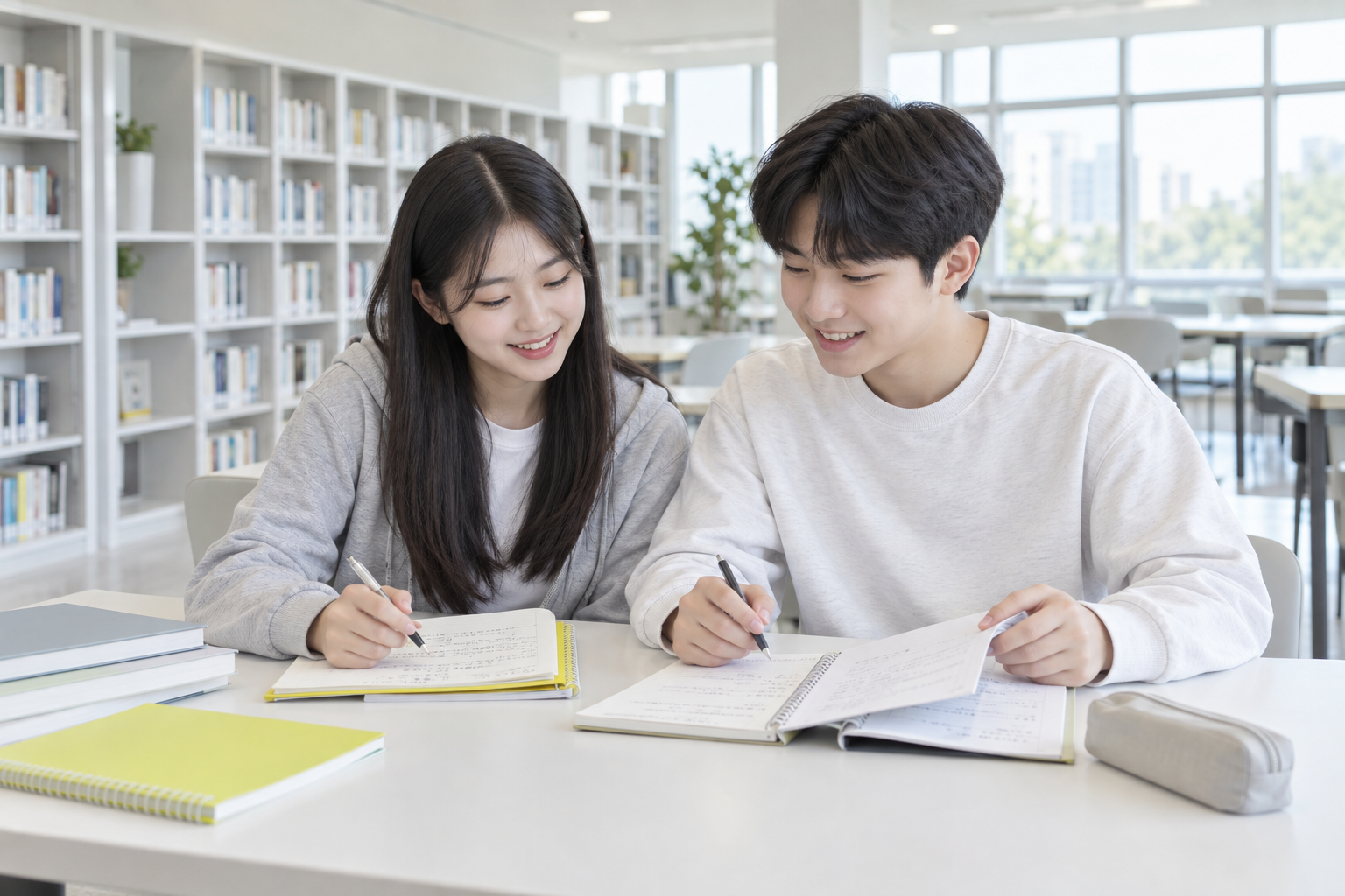 도서관에서 함께 공부하는 학생들
